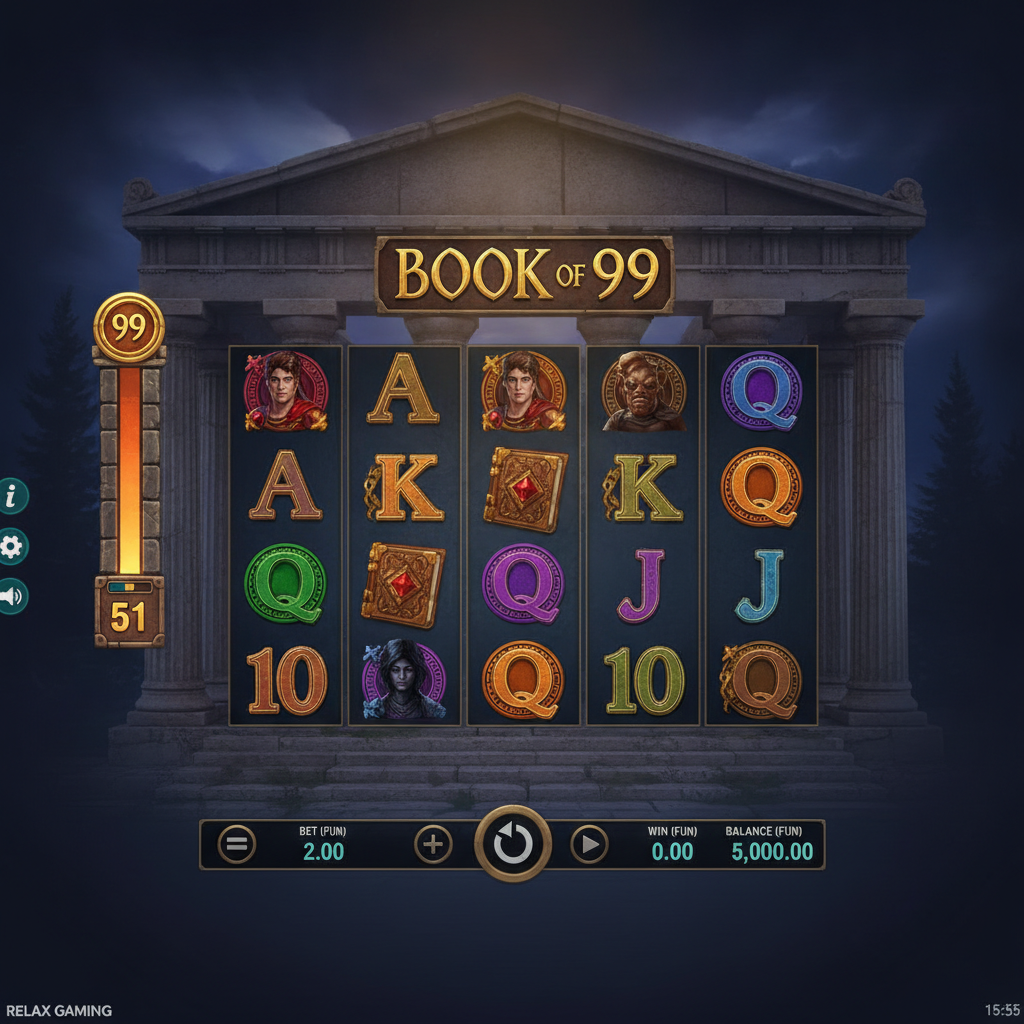 Book of 99 Spielautomat mit griechischem Tempel, goldenen Buchsymbolen und antiken Charakteren vor violettem Abendhimmel