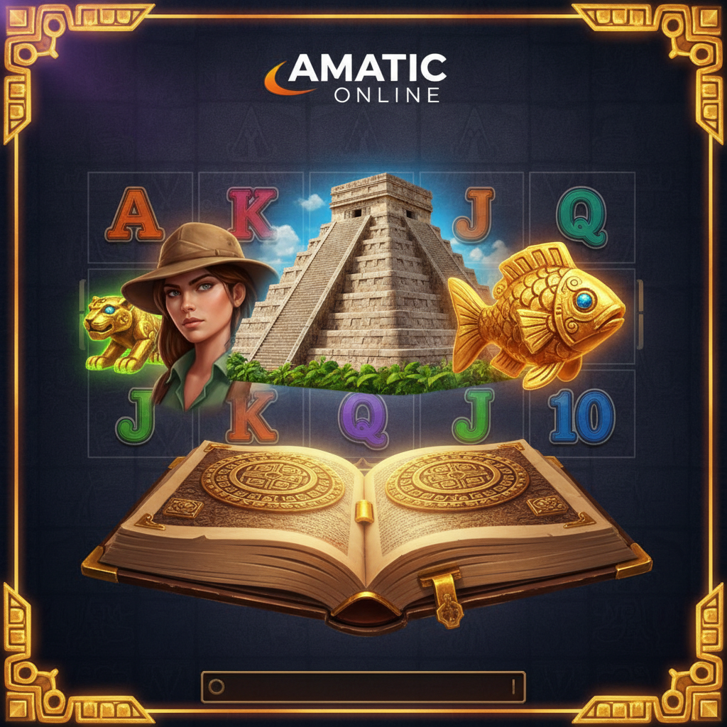 Book of Aztec Slot mit goldenem Buch, aztekischer Pyramide und Entdecker-Symbolen auf 5 Walzen