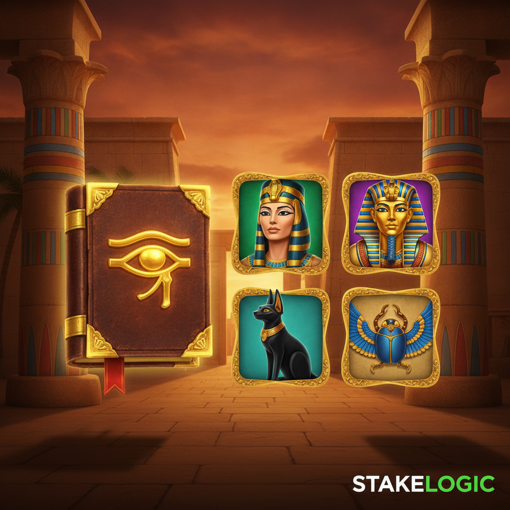 Book of Cleopatra Slot mit antikem ägyptischen Tempel, goldenen Säulen, Cleopatra Porträt, Pharao und mystischem Buch mit Auge des Ra