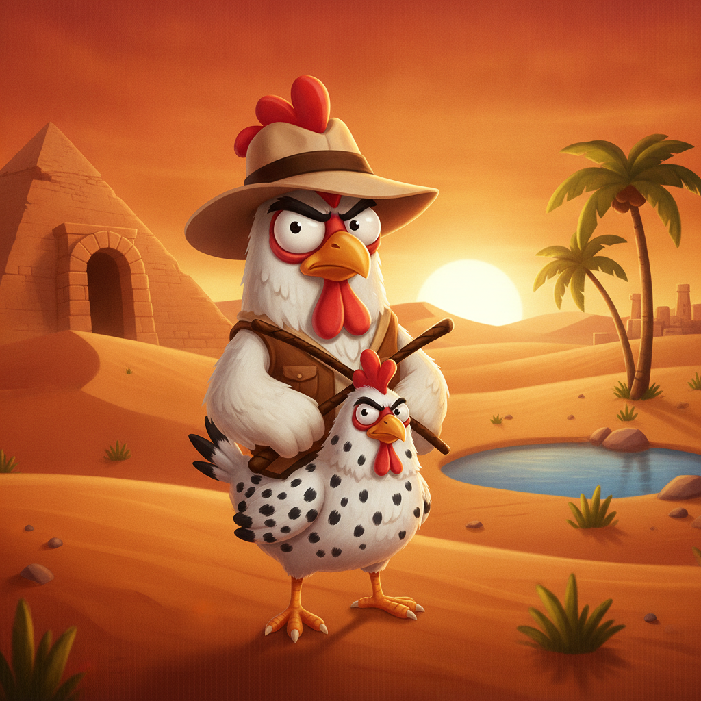 Book of Crazy Chicken Slot - Hühner-Abenteurer mit Fedora-Hut vor ägyptischer Wüstenlandschaft mit Pyramiden, Palmen und Sonnenuntergang