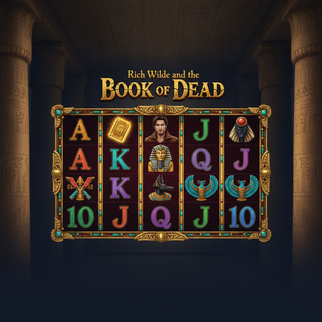 Rich Wilde and the Book of Dead Slot – Ägyptischer Tempel mit goldenem Buch, Pharao, Anubis und Horus Symbolen auf 5 Walzen