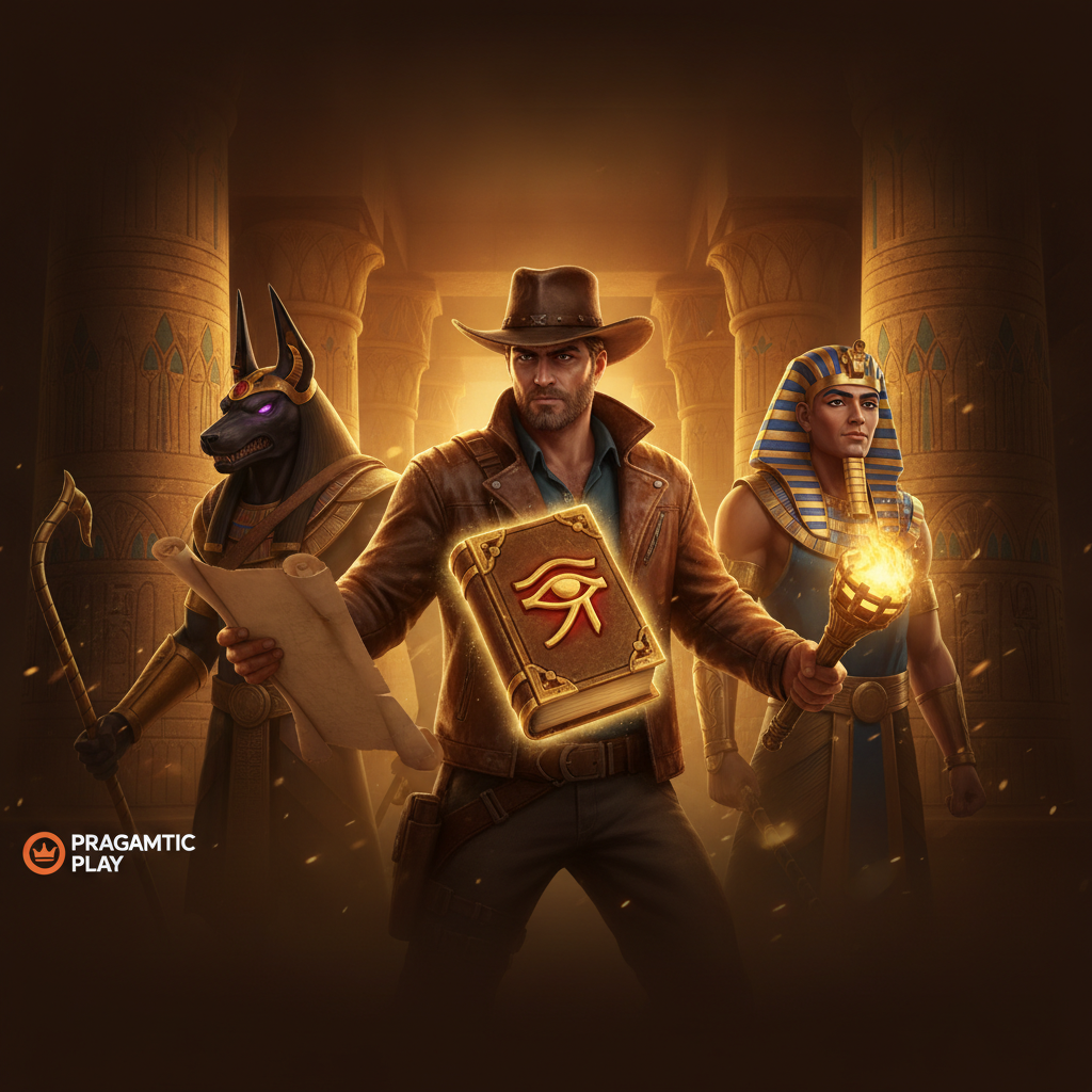 Book of the Fallen Slot mit Abenteurer-Charakter im braunen Cowboyhut vor goldenem ägyptischen Tempel mit Anubis, Pharao und mystischem Buch mit rotem Auge