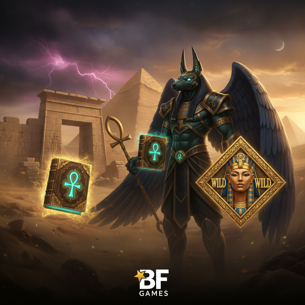 Book of Gates Slot mit ägyptischen Gottheiten Anubis, goldenen Pyramiden, Wild-Symbol Pharaonin und Scatter-Buch mit Ankh-Symbol vor dramatischem Wüstenhimmel