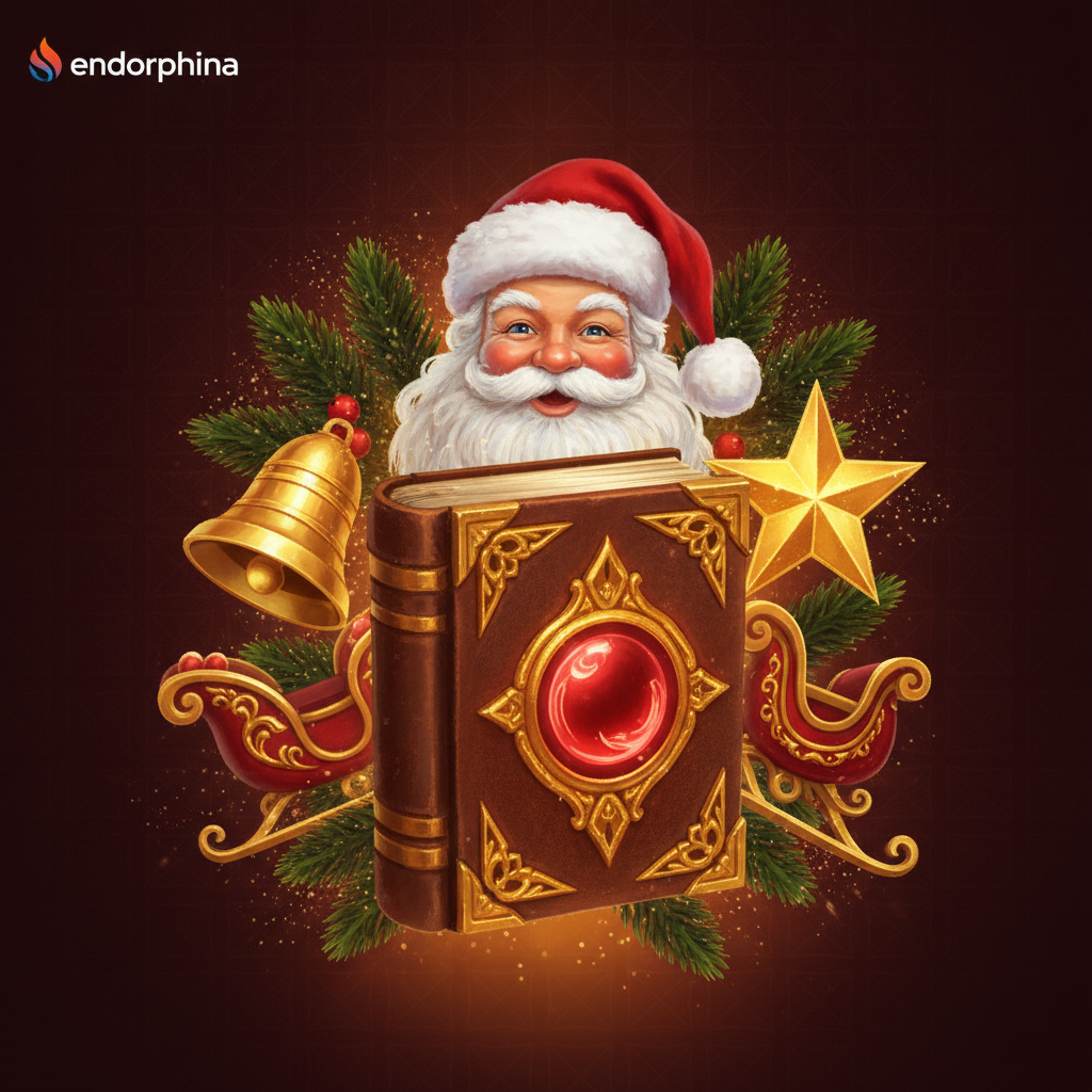 Book of Santa Weihnachtsslot mit goldenem Buch, Weihnachtsmann, Glocken und Sternen auf festlichem Hintergrund