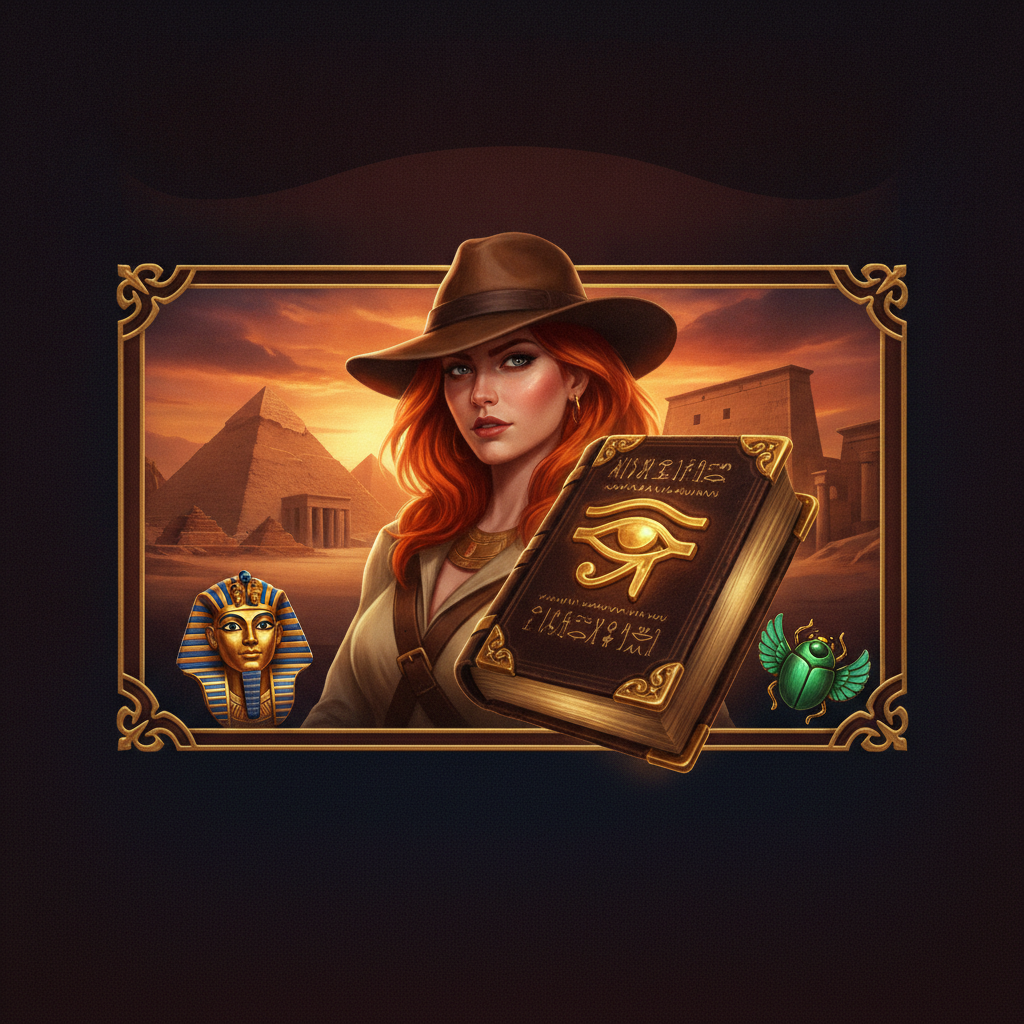 Book of Secrets Slot mit der Entdeckerin vor ägyptischen Pyramiden, goldenem Buch mit Horus-Auge und antiken Hieroglyphen