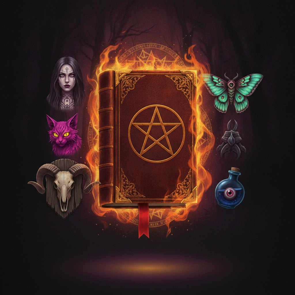 Book of Shadows Slot: goldenes Pentagramm-Buch umgeben von Flammen, dunkle Hexerei-Symbole mit Frau, lila Katze, Widder-Schädel und mystischem Auge in Flasche